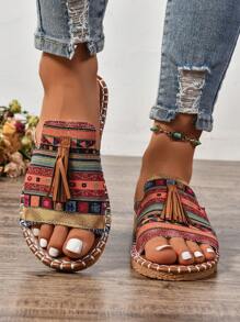 Geometric Patten Sandal with Leather Tassel