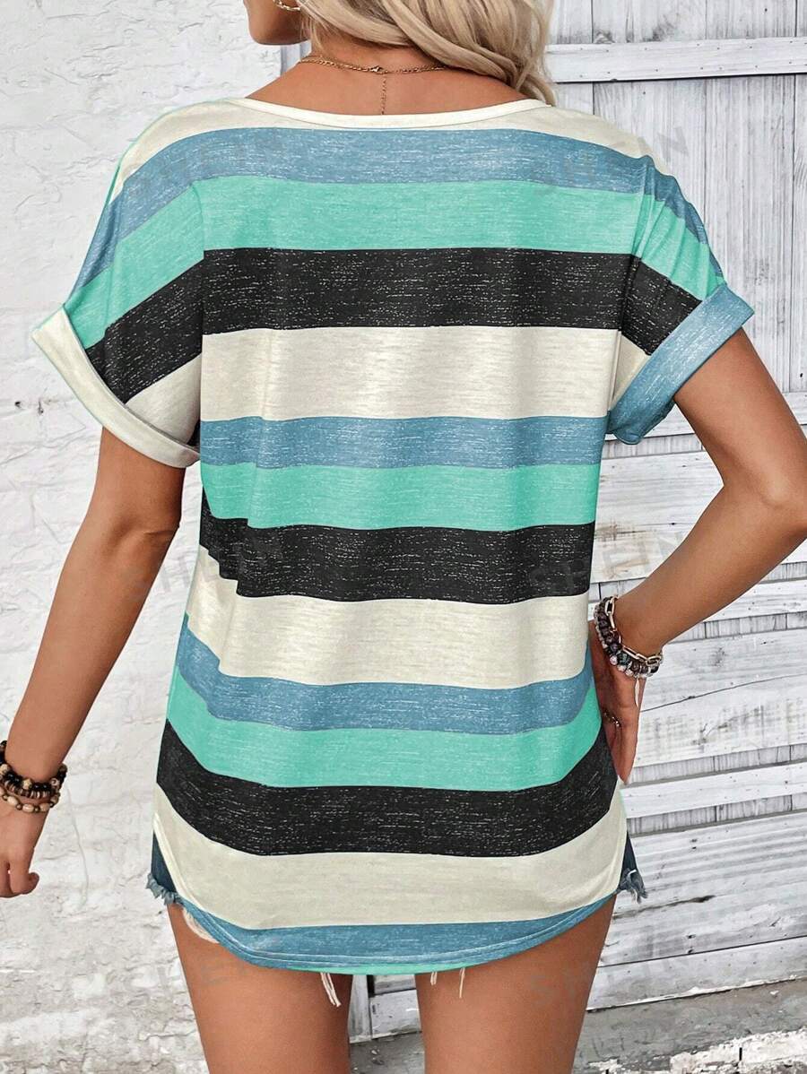Striped Print V-Neck Short Sleeve T-Shirt- Small Thru 4XL