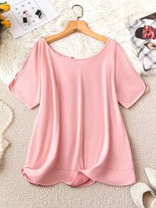 Plus Size Casual Basic Open Shoulder Round Neck Solid Color Summer T-Shirt