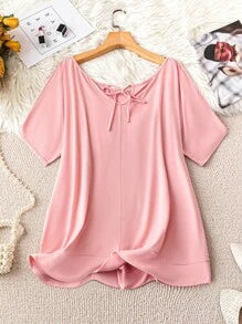 Plus Size Casual Basic Open Shoulder Round Neck Solid Color Summer T-Shirt