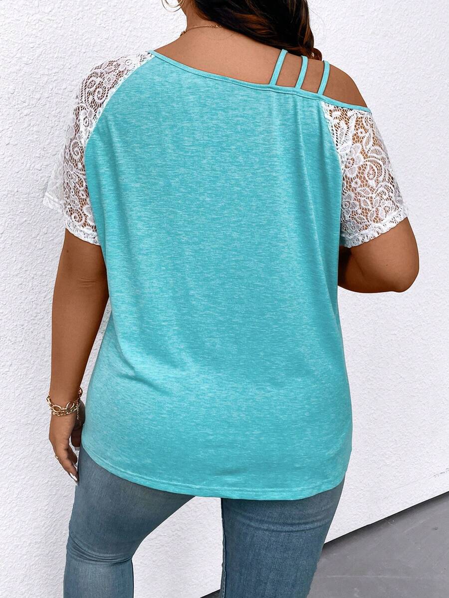 Asymmetrical Shoulder Contrast Lace Sleeve T-Shirt