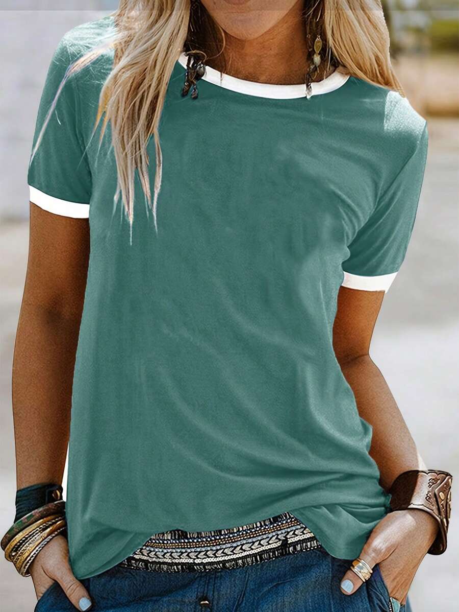 Colorblock Round Neck Short Sleeve Casual T-Shirt