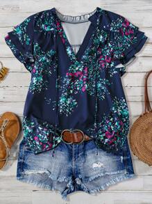 V-Neck Shirt With Floral Print And Ruffle Hem- Plus Size