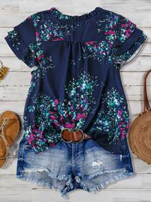 V-Neck Shirt With Floral Print And Ruffle Hem- Plus Size