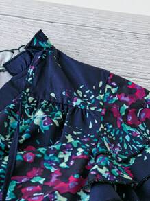 V-Neck Shirt With Floral Print And Ruffle Hem- Plus Size