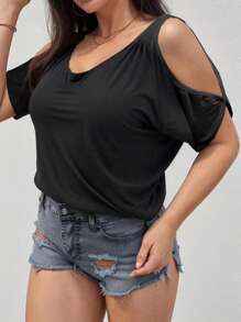 Open Shoulder T Shirt Black- Plus SIze