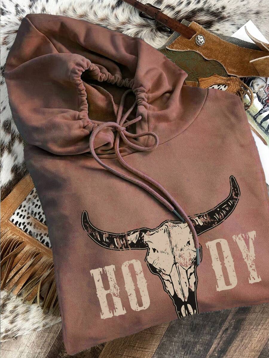 Western Bull Head Hooded Loose Sweatshirt