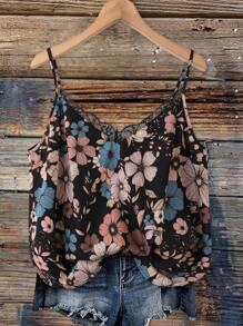 V-Neck Lace Patchwork Floral Print Elegant Strap Cami Top- Plus Size
