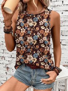 Casual Retro Floral Round Neck Camisole