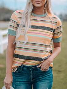 Contrasting Striped Round Neck Casual T-Shirt