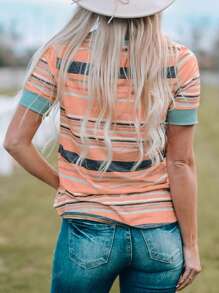 Contrasting Striped Round Neck Casual T-Shirt