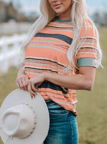 Contrasting Striped Round Neck Casual T-Shirt