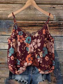 V-Neck Lace Patchwork Floral Print Elegant Strap Cami Top- Plus Size