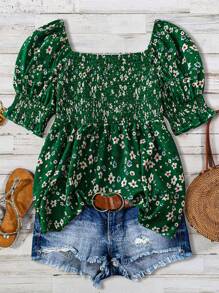 Floral V-Neck Ruched Puff Sleeve Ruffle Blouse