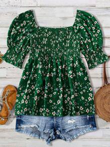 Floral V-Neck Ruched Puff Sleeve Ruffle Blouse