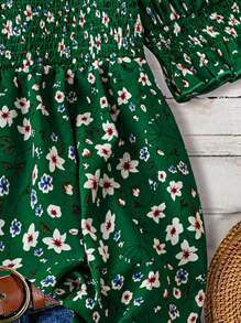 Floral V-Neck Ruched Puff Sleeve Ruffle Blouse