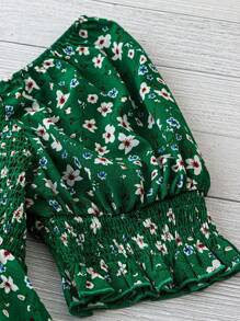 Floral V-Neck Ruched Puff Sleeve Ruffle Blouse