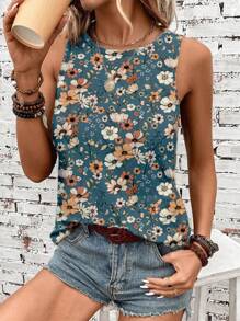 Casual Retro Floral Round Neck Camisole