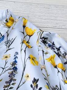 Floral Print Notch V-Neck Puff Sleeve Casual Blouse- Plus Size