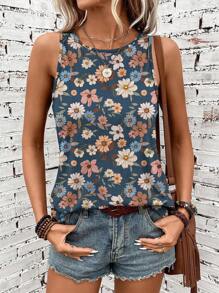 Casual Retro Floral Round Neck Camisole