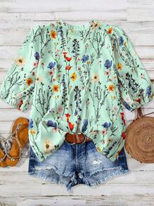 Floral Print Notch V-Neck Puff Sleeve Casual Blouse- Plus Size