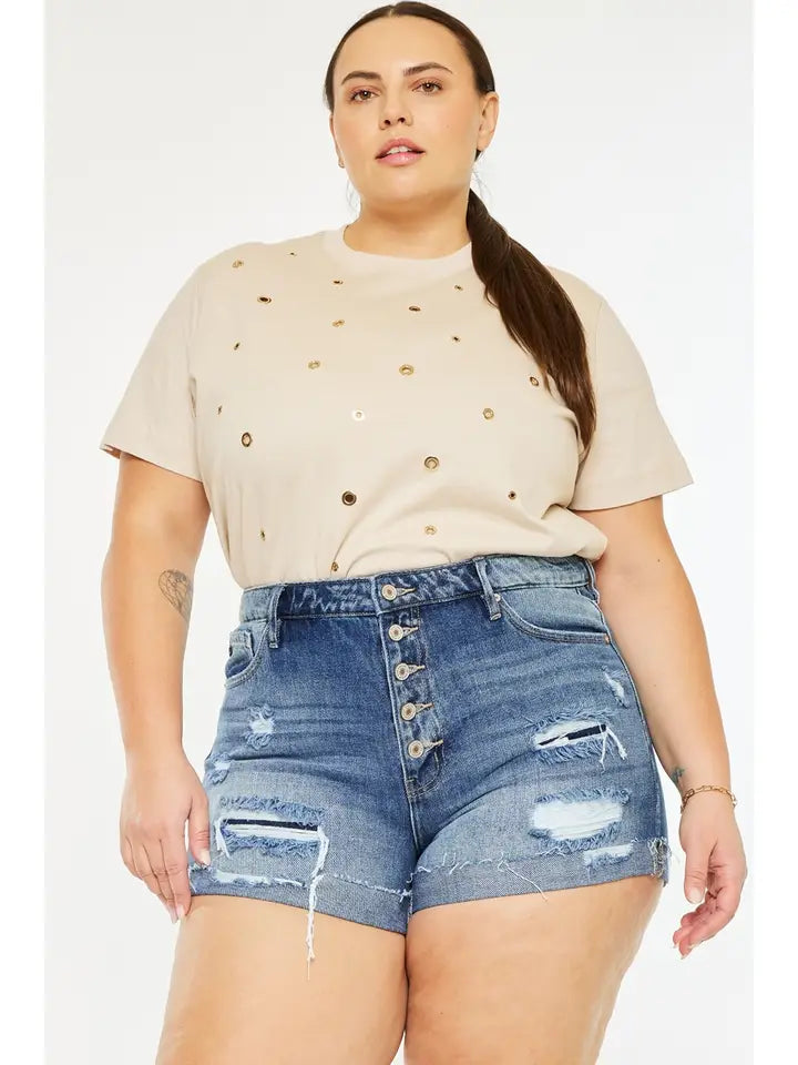 high rise mended shorts with single cuff- Plus Size
