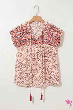Red Printed Embroidery Detail Tie Split Neck Blouse