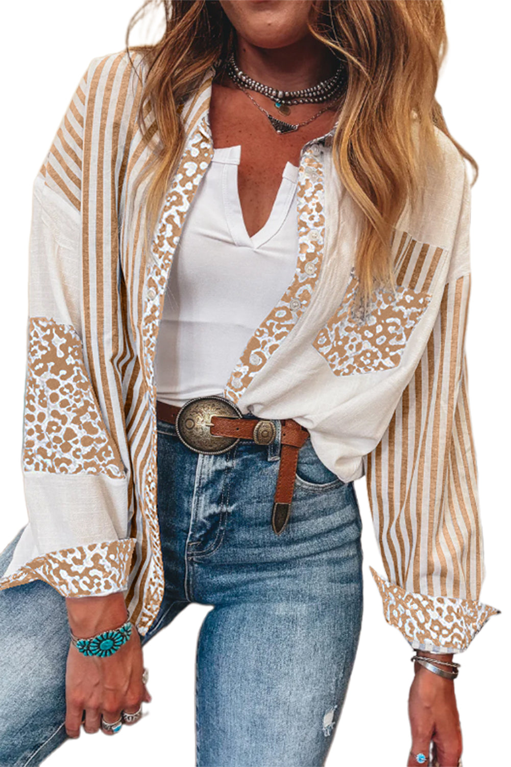 Sky Blue Leopard Striped Patchwork Button-up Shirt Shacket