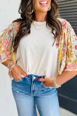 Pale Yellow Floral Patchwork Half Batwing Sleeve Blouse