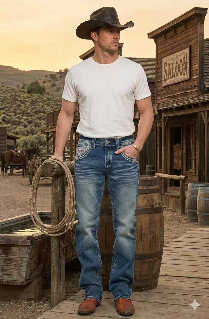WE-013 Eagle Warrior Men's Western Straight Stretch Jeans: 32 / 36