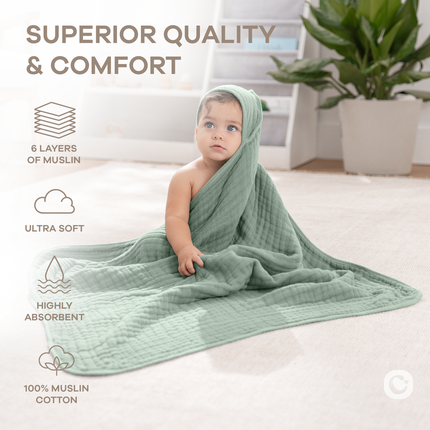 Hooded Baby Towel, 6 Layer 100% Muslin Cotton by Comfy Cubs: Mauve / Pack of 1