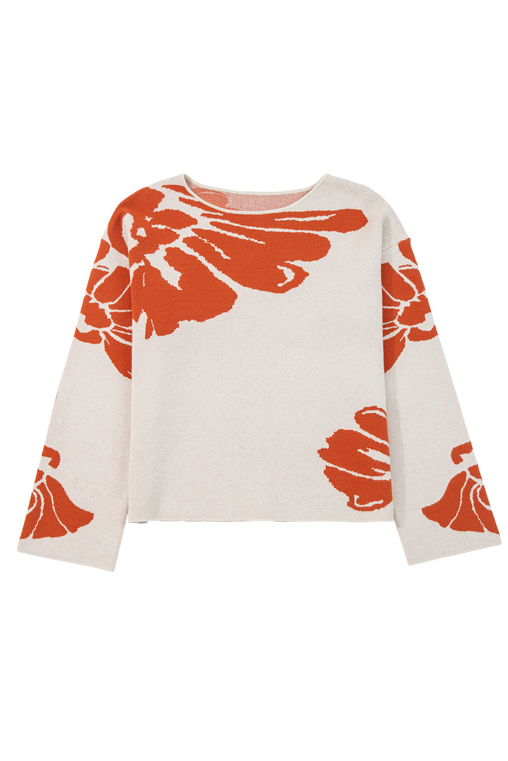 Beige Flower Pattern Drop Sleeve Baggy Sweater