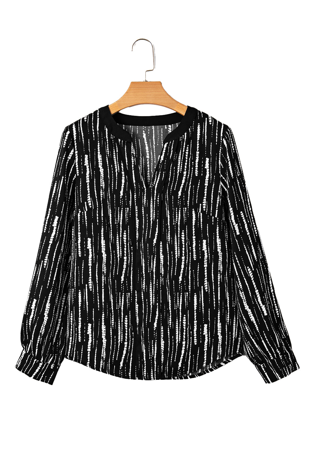 Black Spring and Autumn Abstract Print V-neck Long-sleeve Blouse