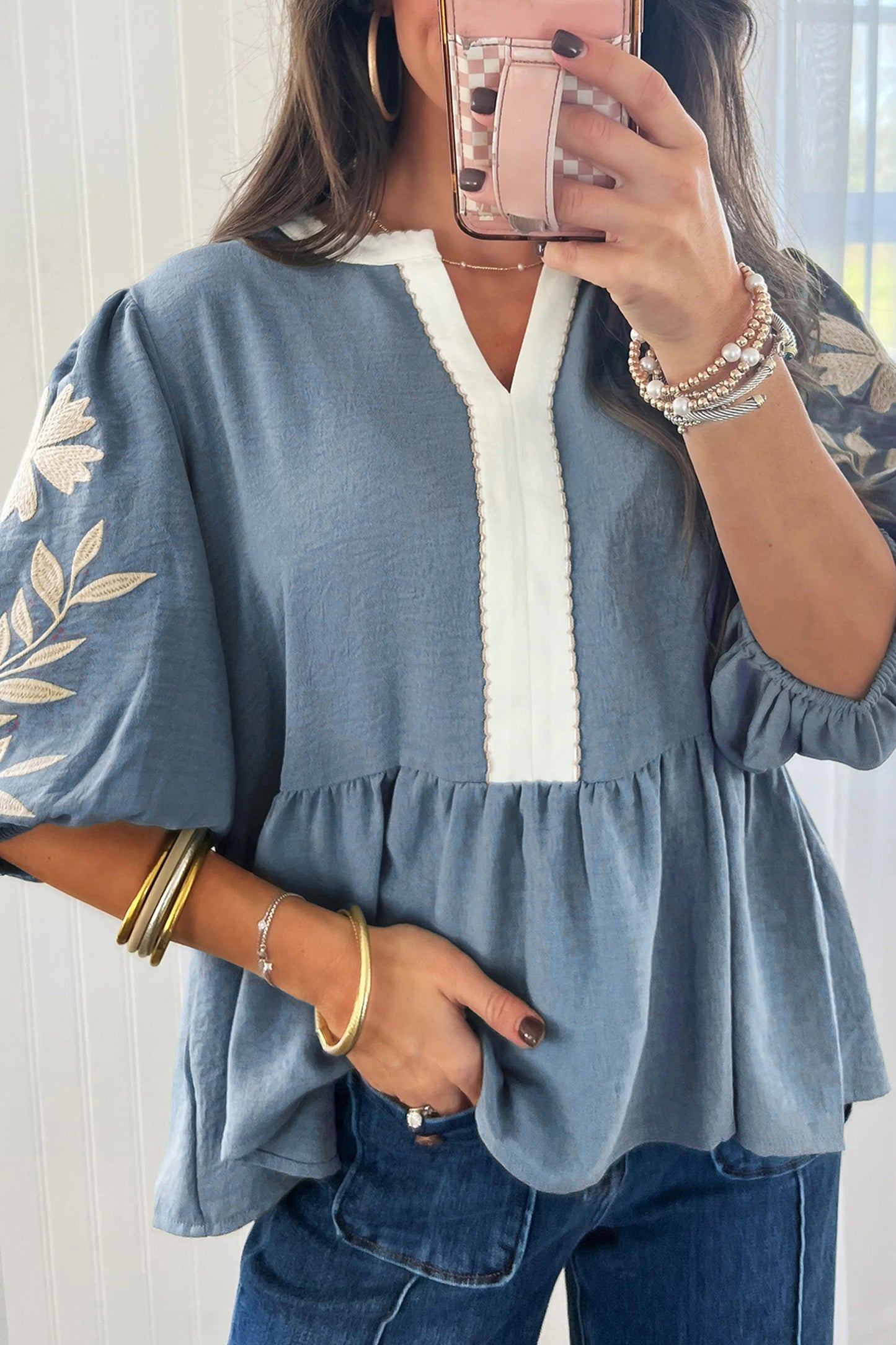 Smoke Green Color Block Patchwork V Neck Embroidered Puff Sleeve Babydoll Blouse