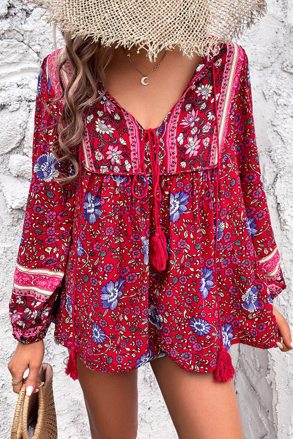 Red Bohemian Floral Print Tassel Tie Front Long Sleeve Blouse
