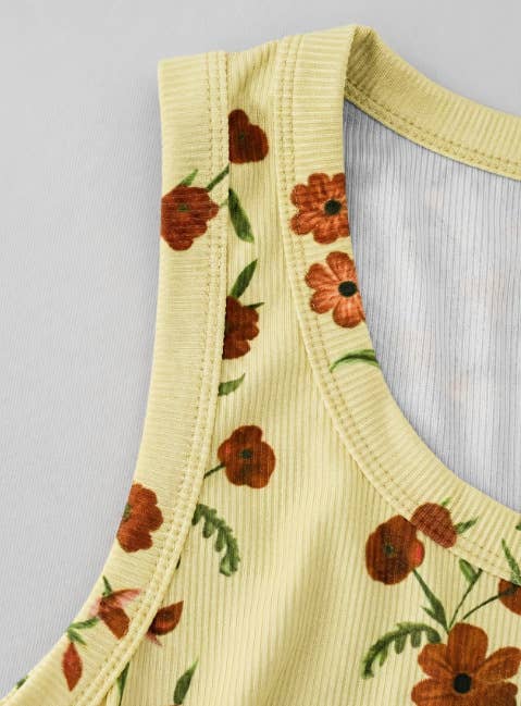 Boho Retro Floral Print Ribbed Knit Slim-Fit Tank Tops: Yellow / M