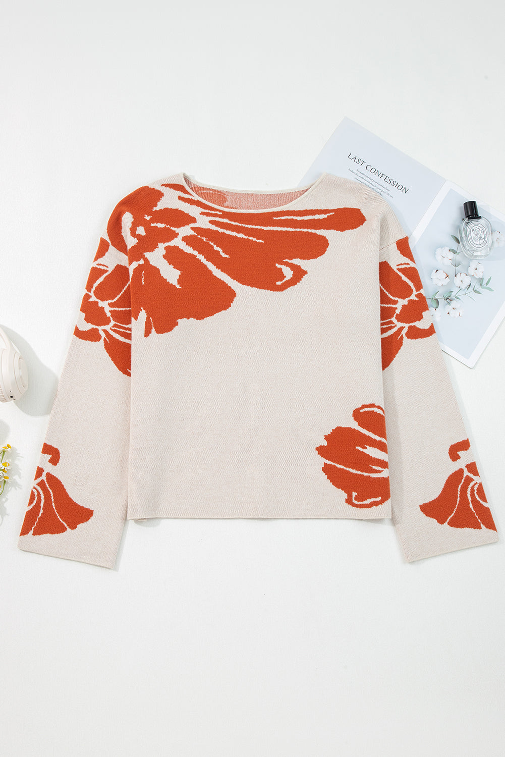 Beige Flower Pattern Drop Sleeve Baggy Sweater