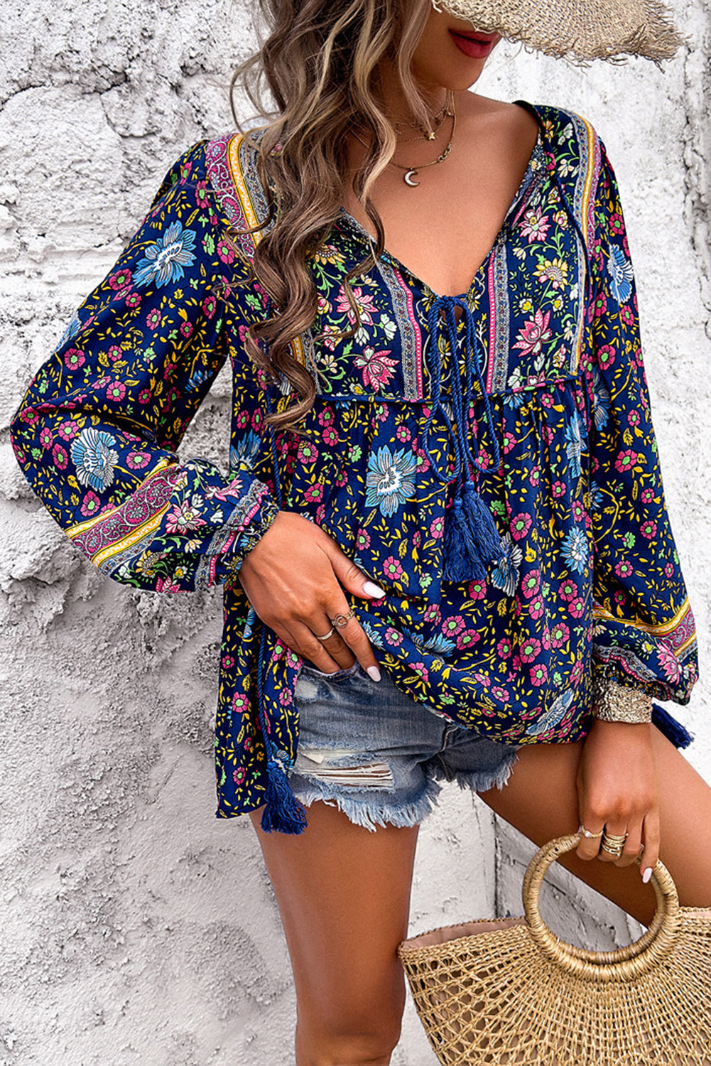 Red Bohemian Floral Print Tassel Tie Front Long Sleeve Blouse