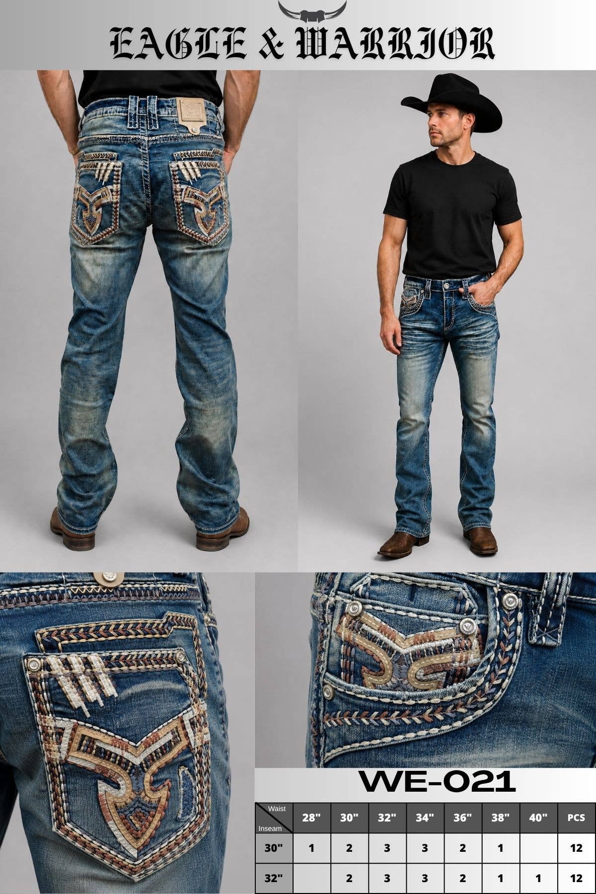 WE-021 Eagle Warrior Men's Western Straight Stretch Jeans: 32 / 40