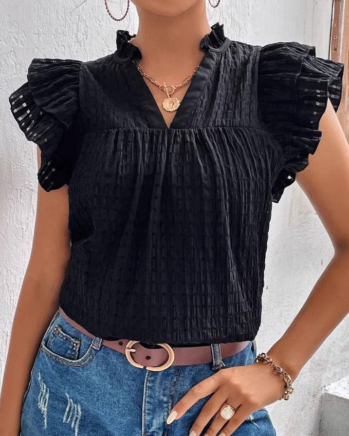 Solid V-Neck Ruffled Sleeve T-Shirt: Black / L