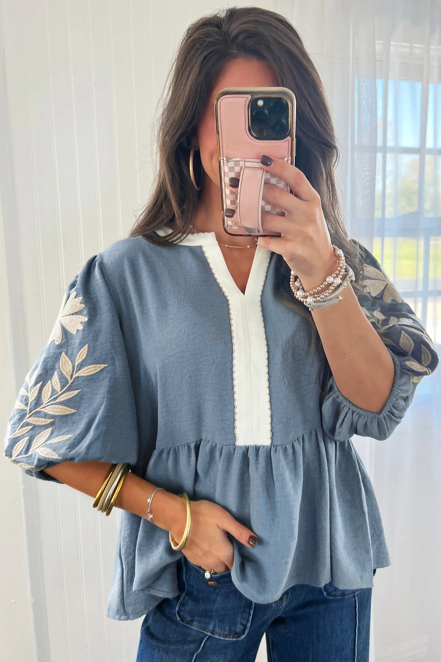 Smoke Green Color Block Patchwork V Neck Embroidered Puff Sleeve Babydoll Blouse