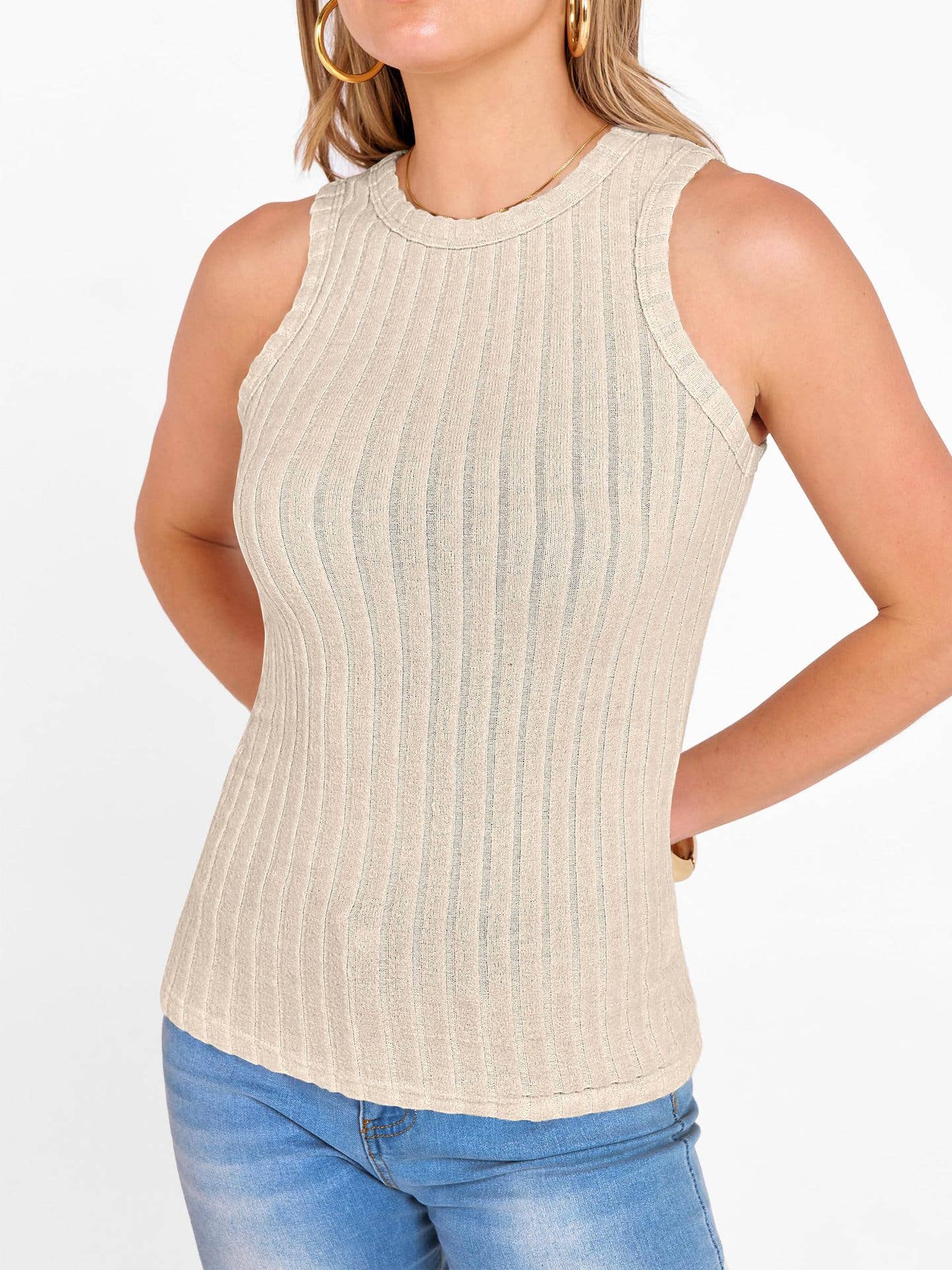 Western Plain Color Slim Fit Ribbed Tank Top: Blue / L