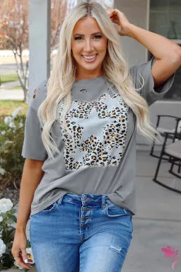 Medium Grey Stars Leopard Graphic Distressed Tee