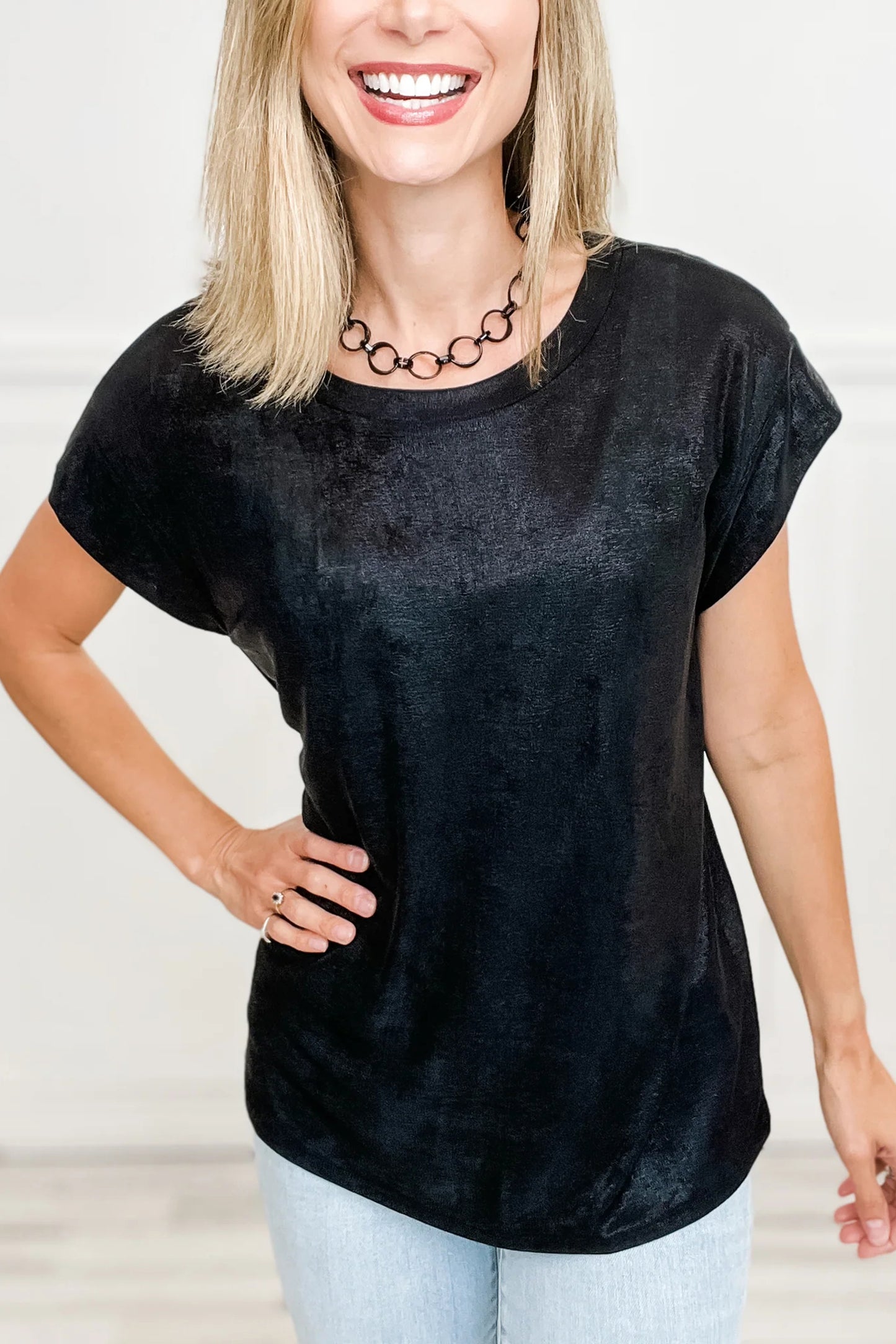 Bright Pink Metallic Round Neck Cap Sleeve Tee