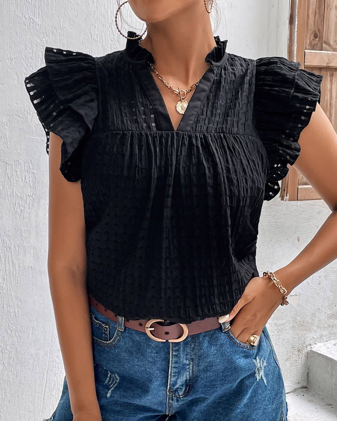 Solid V-Neck Ruffled Sleeve T-Shirt: Black / L