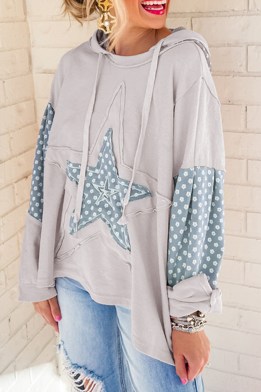Delicacy Floral Patchwork Star Pattern Drawstring Hoodie
