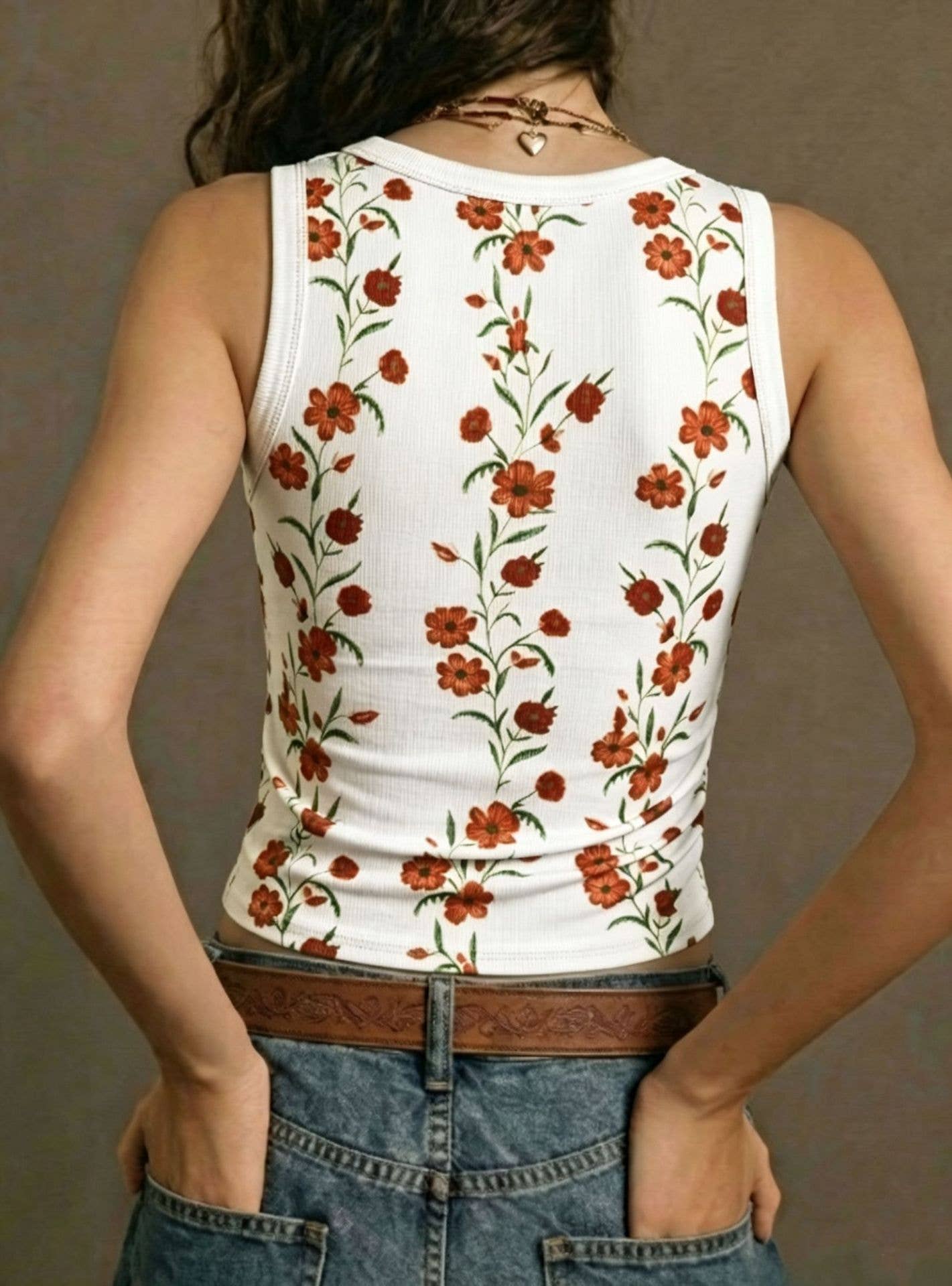 Boho Retro Floral Print Ribbed Knit Slim-Fit Tank Tops: White / 2XL