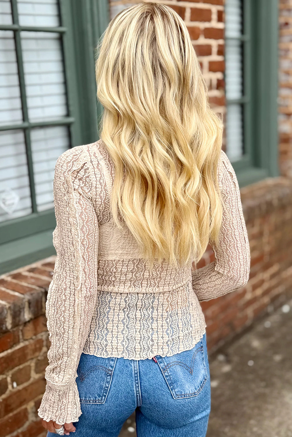 Apricot Flounced Long Sleeve Mock Neck Sheer Lace Top