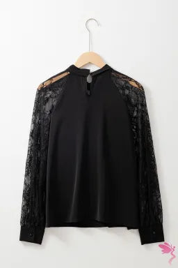 Black Keyhole Neckline Floral Lace Raglan Sleeve Blouse