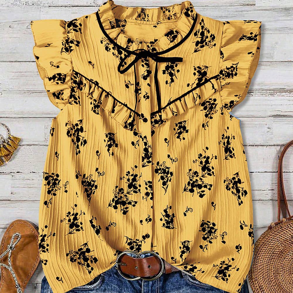 Rustic Boho Ruffles Detailed Ditsy Floral Tie Neck Top: Apricot / S